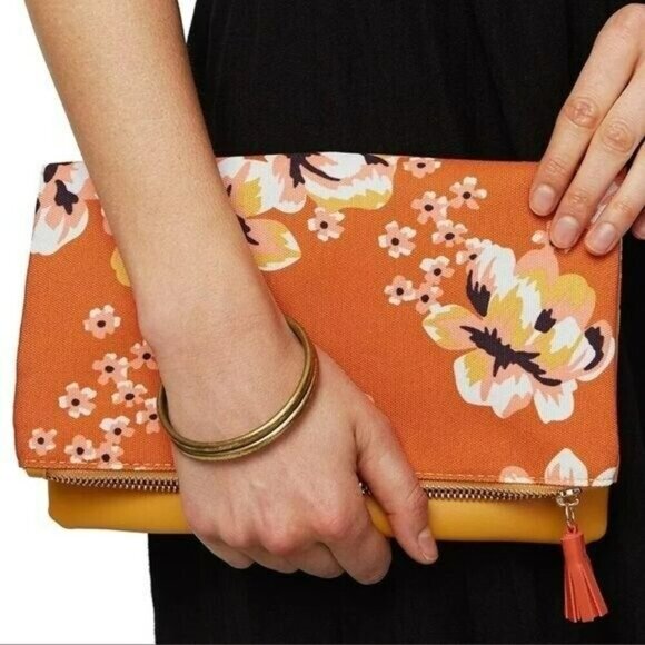 RACHEL PALLY Anthropologie Zahara Fold Over Reversible Clutch. Orange Floral - Picture 1 of 8